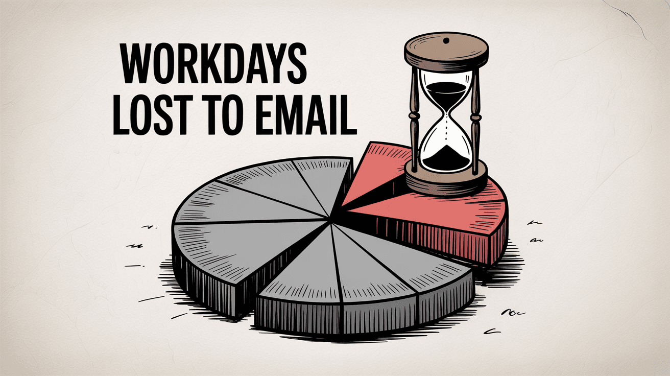 Professional pie chart with hourglass showing workdays lost to email time with clear text label illustrating time allocation statistics